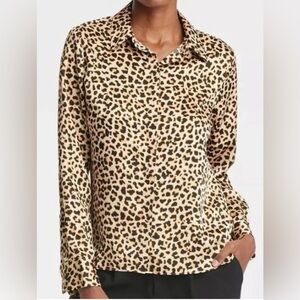 Women's Long Sleeve Satin Button Down Shirt A New Day Beige Leopard Print XL NWT